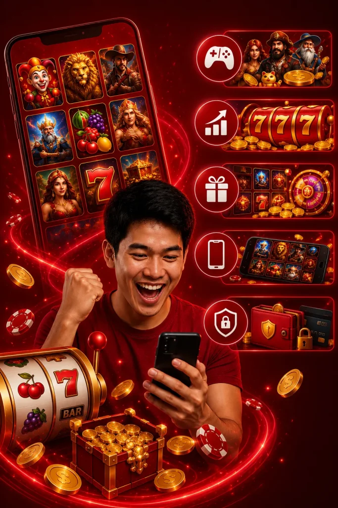 plus77 Excited winner in a glowing casino scene